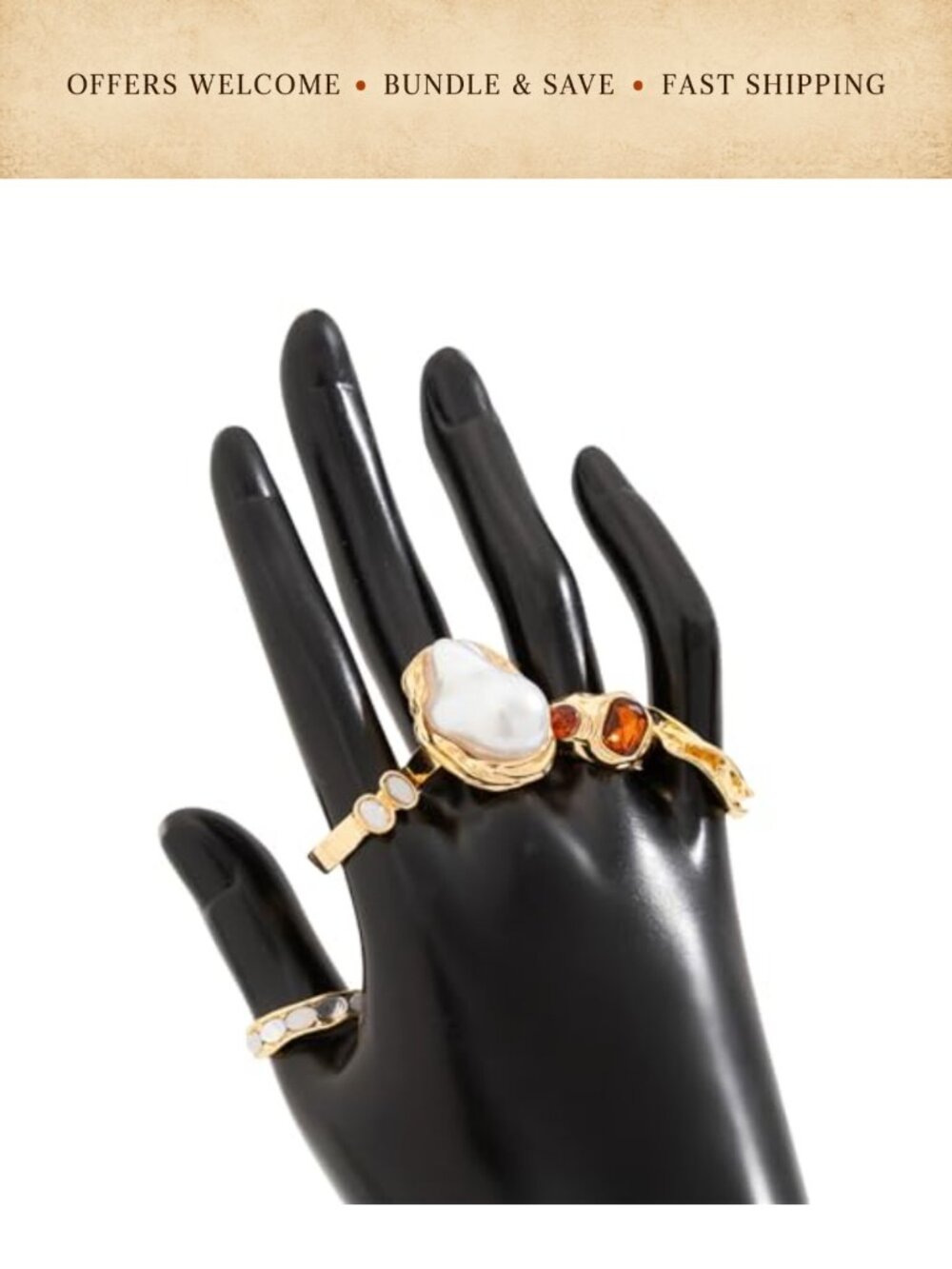 Chunky Gold Tone Ring Set Adjustable Stackable Statement Rings - Picture 2 of 4